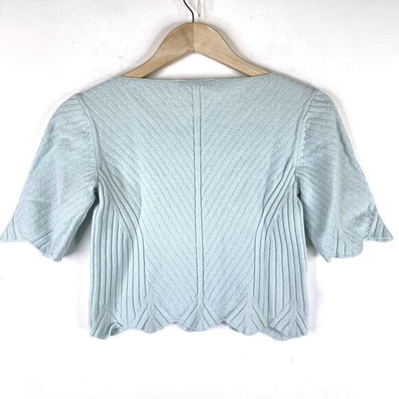 St John Wool Ribbed Knit Cropped Sweater Sz M Lt. Blue Scalloped Retro Art Deco - Picture 4 of 8